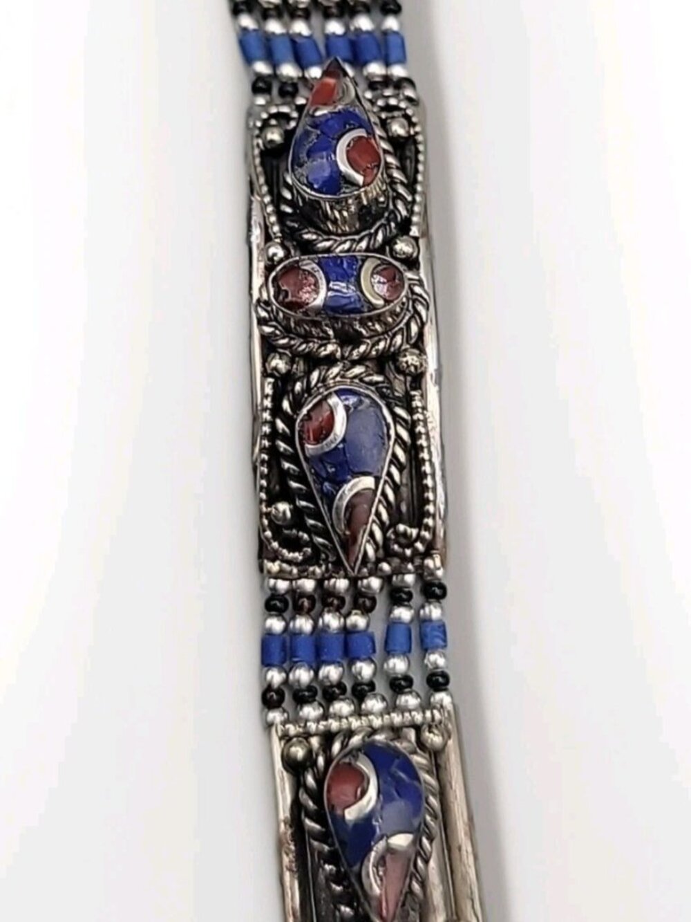 Vintage Tibetan Nepalese Silver Inlay Bracelet Lapis Coral 7.5” Ethnic Boho - Picture 9 of 16